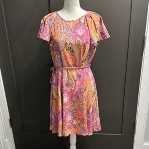 Tommy Hilfiger Womens Dress Pink Orange Paisley Belted Short Sleeve Size 12P